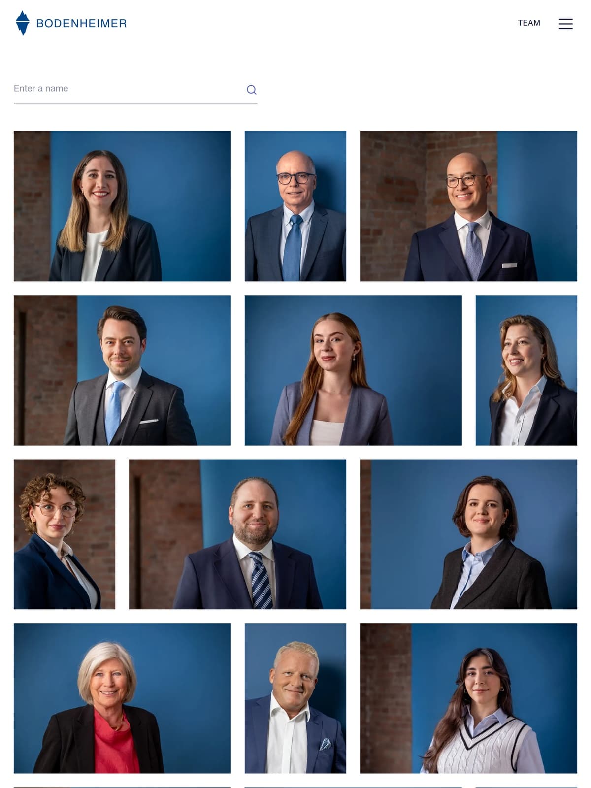 Bodenheimer Teamseite mit live filterbarer Teamgalerie