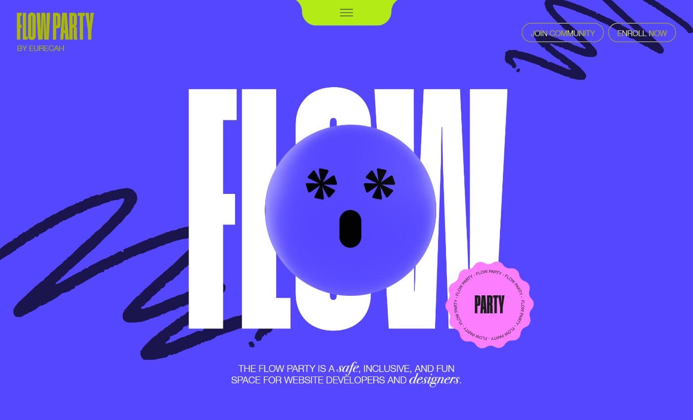 Webdesign Trend rieseige Schriften und grelle Farben: Sreenshot:www.joinflowparty.com