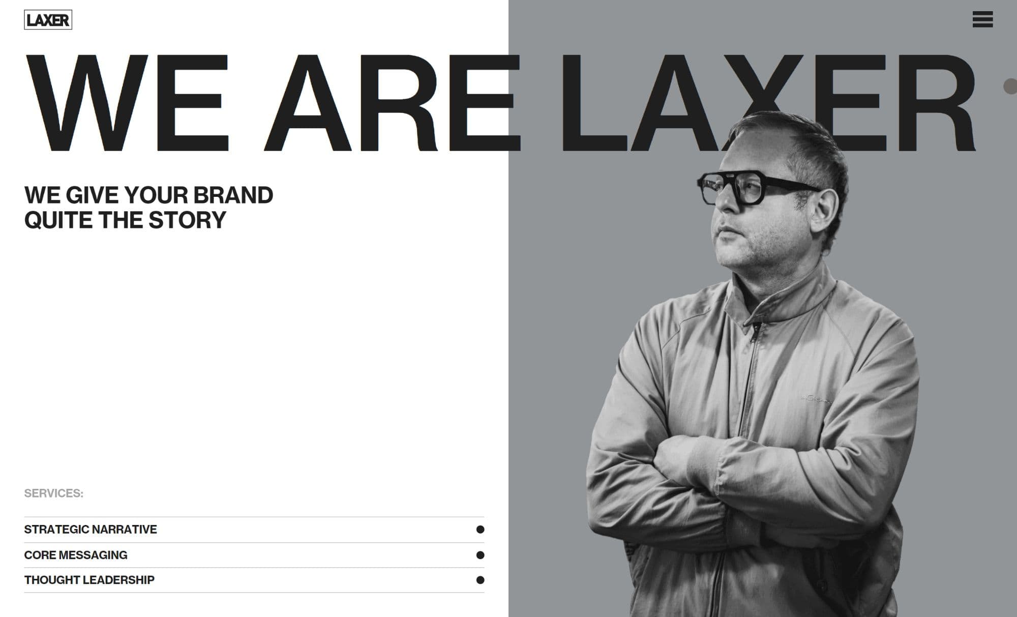 Website von David Laxer, verwendeet Überlappungen von Text und Bild.