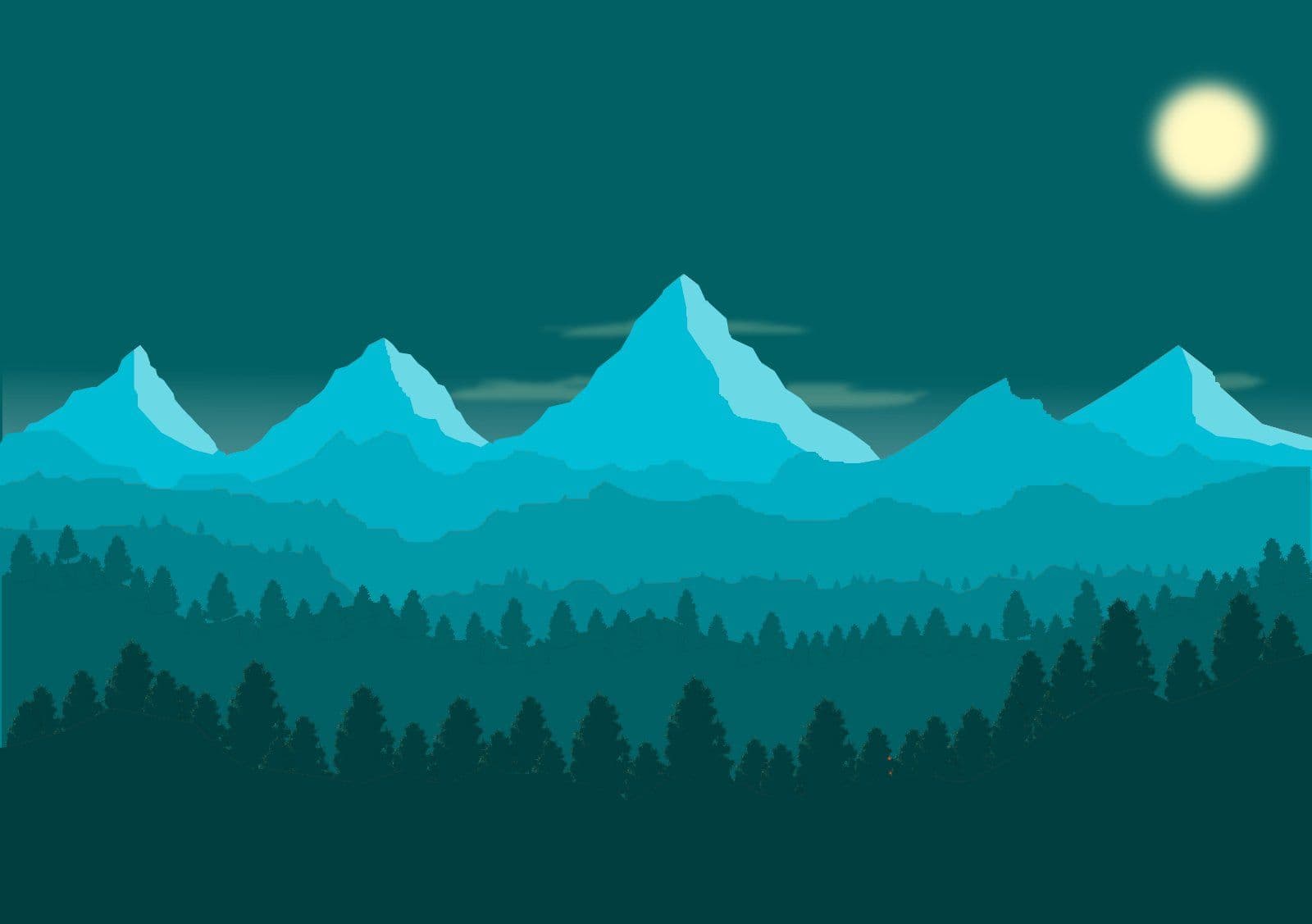  Illustration einer bewaldeten Bergwelt im Mondschein für das Referenzprojekt 'Depression Ende' - Beispiel für die künstlerische Bildwelt des Webdesigns