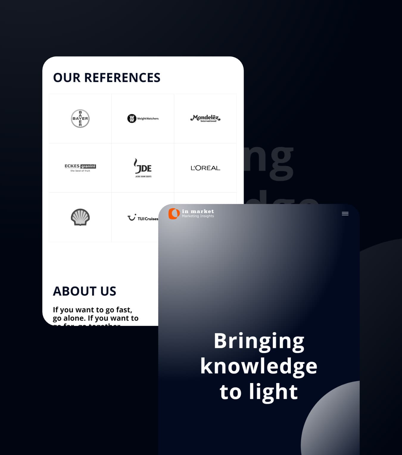 Responsive Webdesign für B2B-Unternehmen: Tablet-Ansichten der Website von In Market. Das Design besticht durch ein klares Interface mit Animationen, die zur Interaktion einladen und die Startsequenz sowie eine Logo-Galerie zeigen