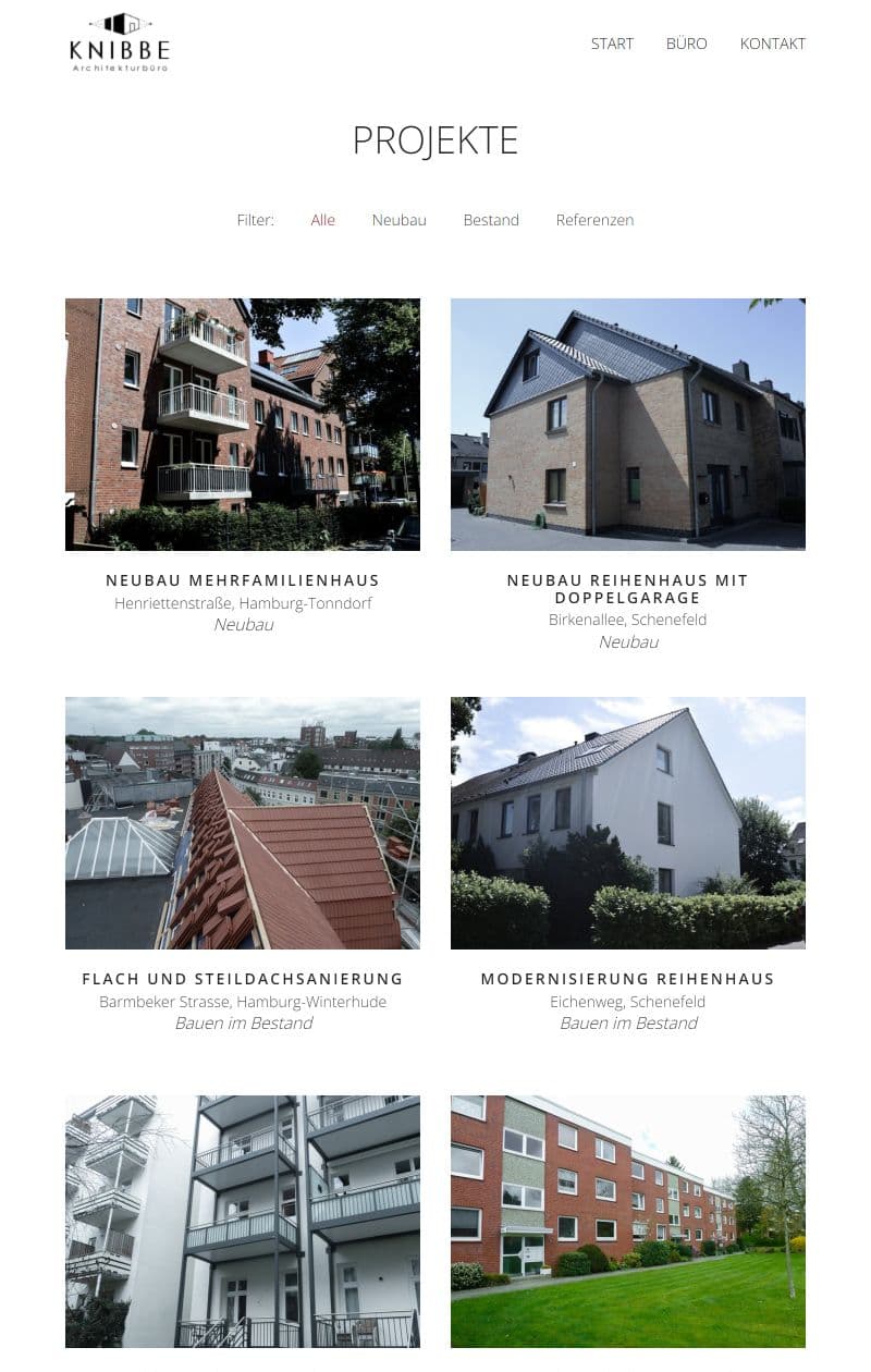 Mobile Ansicht der Portfolio-Galerie des Webdesign Projekts Knibbe Architekturbüro