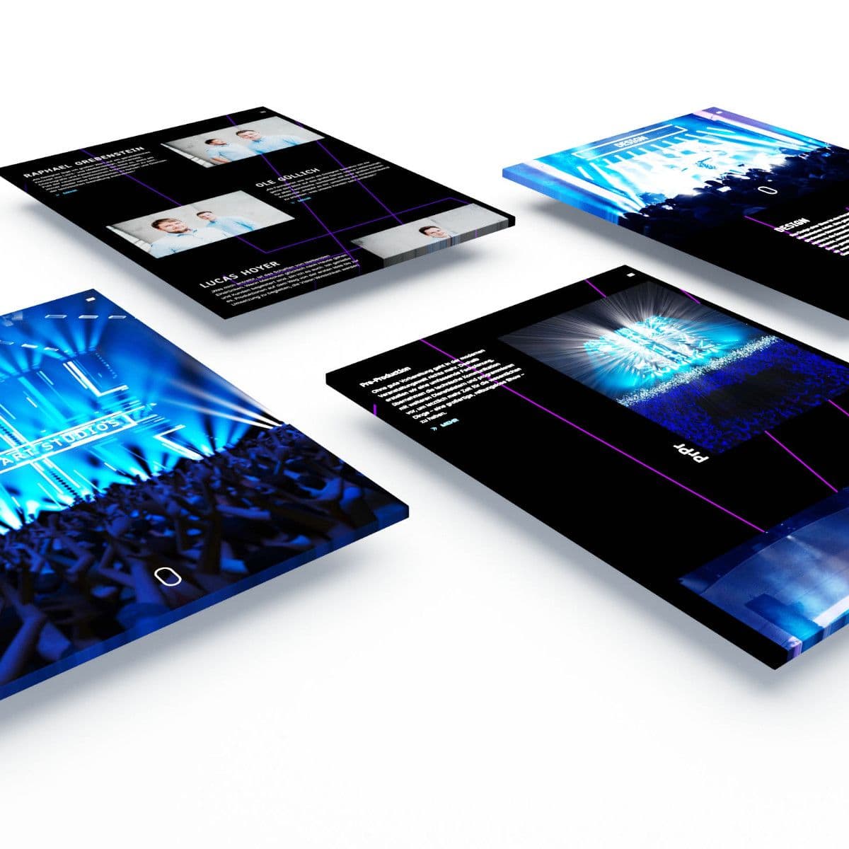 Isometrisches Mockup mehrerer mobiler Endgeräte, die das responsive Webdesign für Light Art Studios zeigen; Fokus auf die optimierte Darstellung von Event-Bildern und dunklen Layout-Elementen