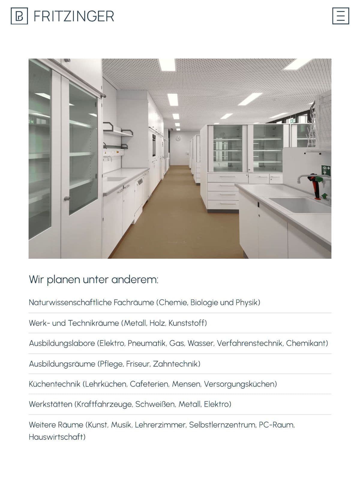 Mobile Ansicht der Webseite 'Fachraumplanung' aus dem Projekt 'PB Fritzinger' als Beispiel für die cleane Designsprache