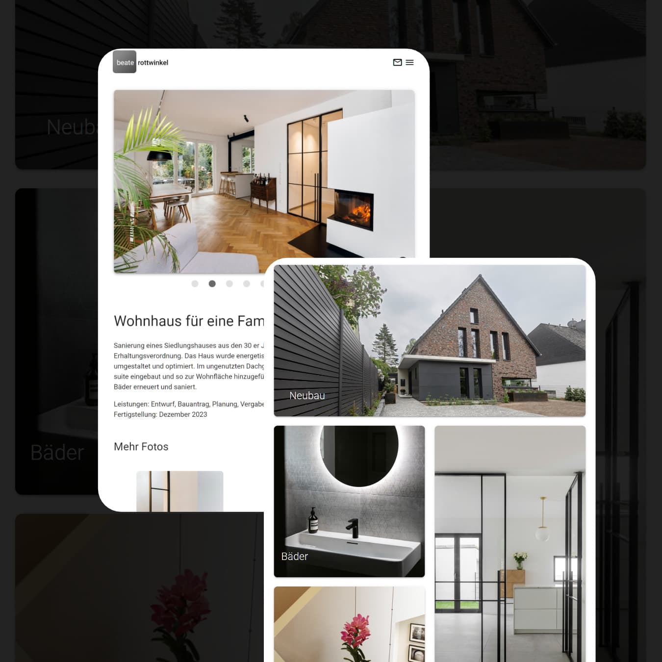 Responsive Webdesign für Architekten: Tablet-Ansichten der Website von Beate Rottwinkel. Das Design besticht durch ein klares Interface, nutzerfreundliche Bild-Slider für Projektdetails und eine ästhetische Anteaserung der Unterseiten.