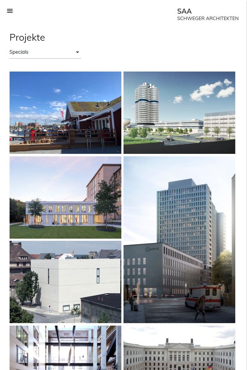 Mobile Ansicht der Portfoliogalerie des Referenzkunden 'SAA Schweger' mit Architekturfotografien