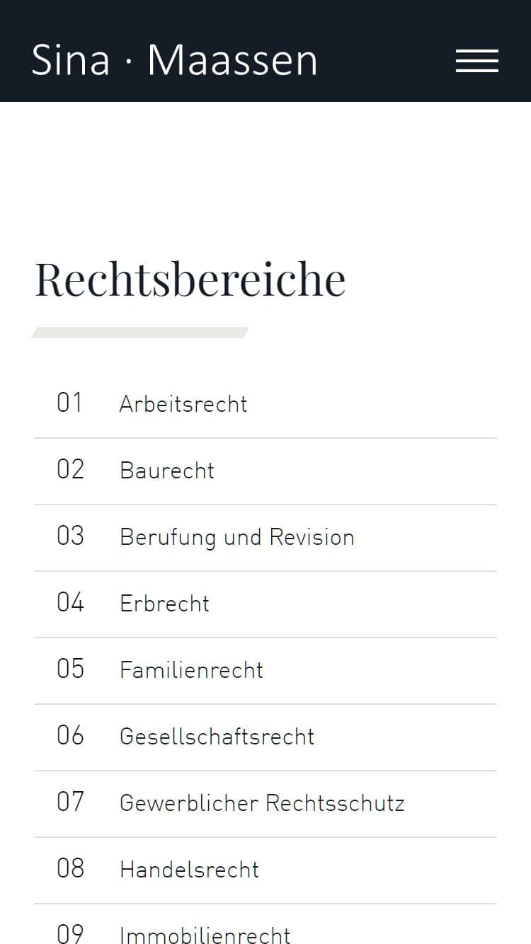 Mobile Ansicht der klaren und minimalistischen Übersicht der Rechtsbereiche aus dem Referenzprojekt 'Sina Maassen'