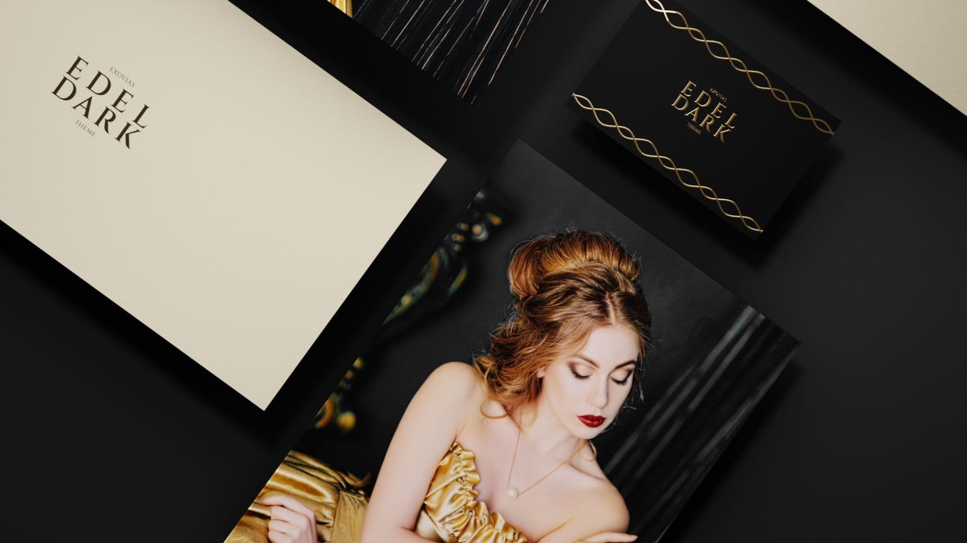 Branding Referenz - Moodboard mit Visitenkarten und Fotografien des Projekts Edel Dark