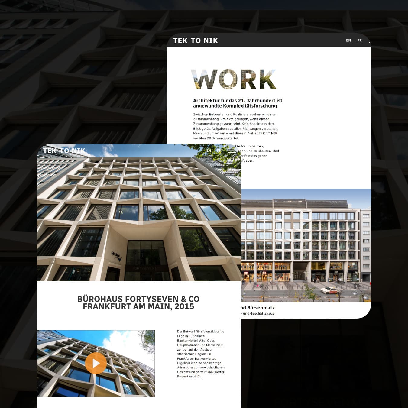 Individuelles Webdesign für das Architekturbüro TEK TO NIK auf zwei Tablet-Screenshots: Eine mehrsprachige Landingpage mit markanter 'WORK'-Typografie sowie eine detaillierte Projektseite eines Bürohaus in Frankfurt.