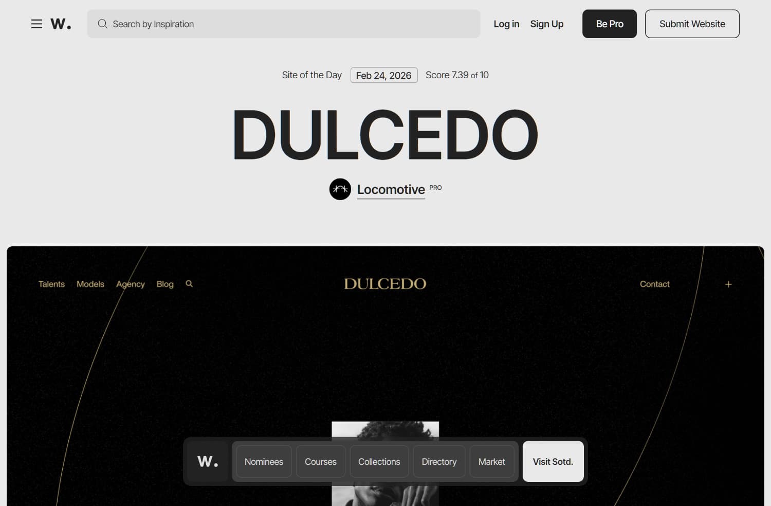 Awwwards Showcase der Webseite 'DULCEDO' als Beispiel für modernes Webdesign und Inspiration