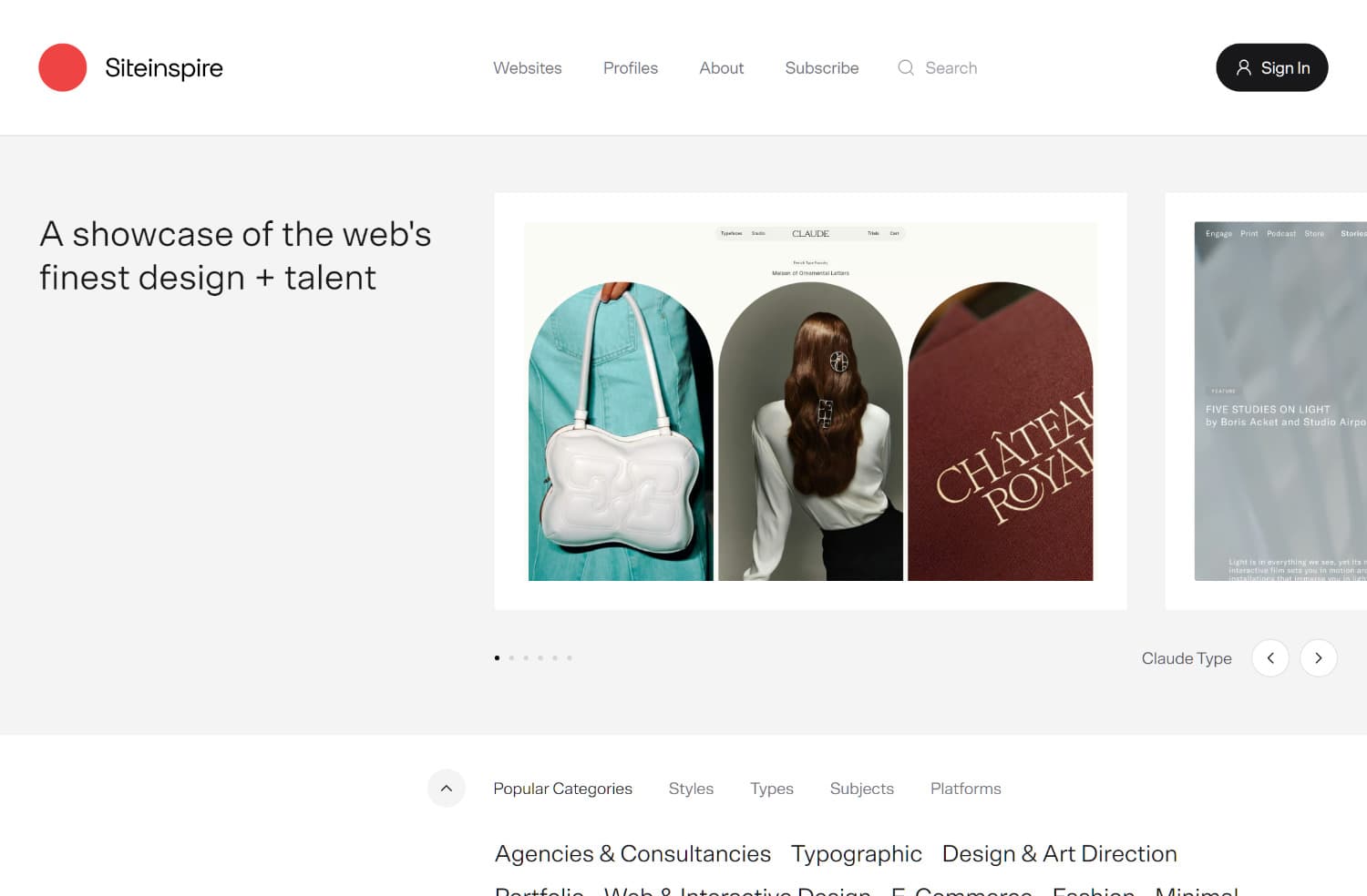 Beispiel für eine kuratierte Webdesign-Galerie: Siteinspire präsentiert ausgewählte Projekte in einem minimalistischen Interface. Der Screenshot zeigt die Filteroptionen für Stile und Typen, die gezielte Inspiration ermöglichen.