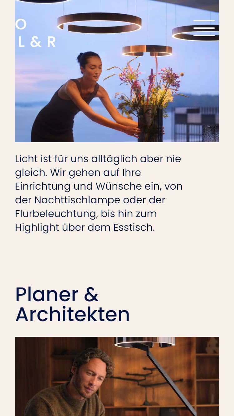 Mobile Webdesign Ansicht aus dem Referenzprojekt 'Objekte Licht & Raum' als Beispiel für die gestalterische Anordnung der einzelnen Designelemente
