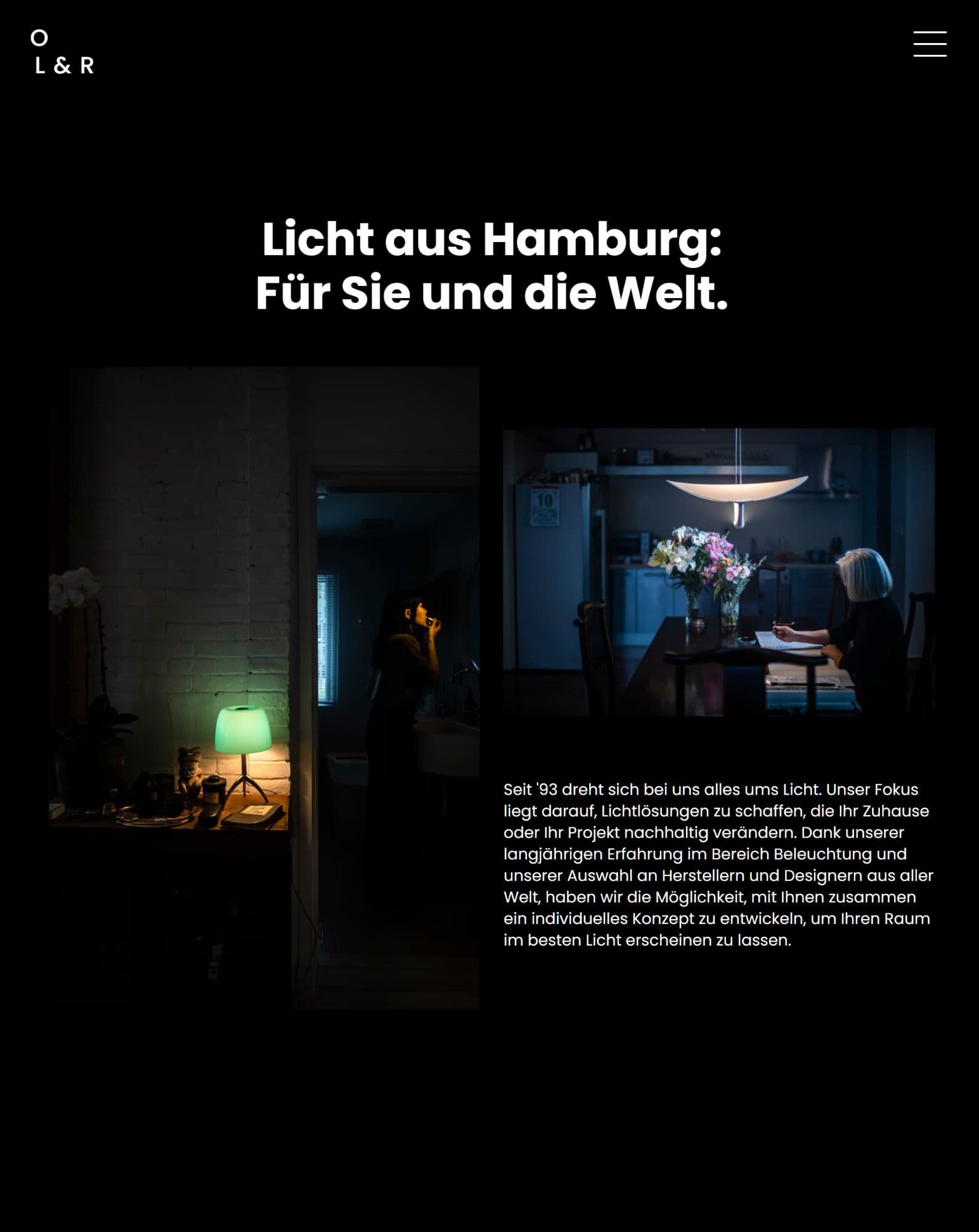 Mobile Ansicht des visuell aufgeladenen Elevator Pitches der Webdesign Referenz 'Objekte Licht & Raum' als Beispiel für das visuell stimmungsvolle Webdesign.