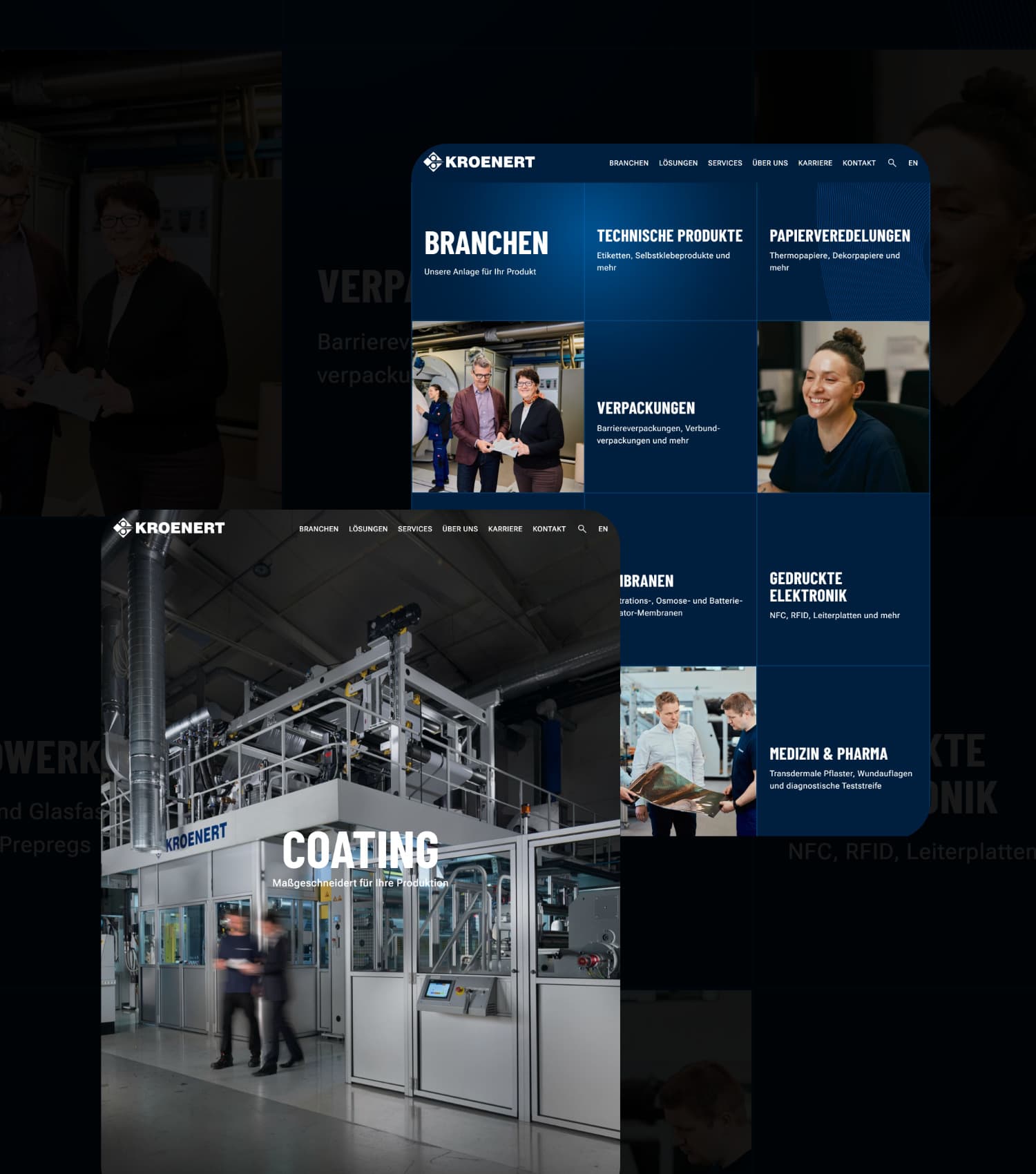 2 Tablet-Ansichten zeigen die hochwertige Website des Maschinenbauunternehmens KROENERT aus Hamburg