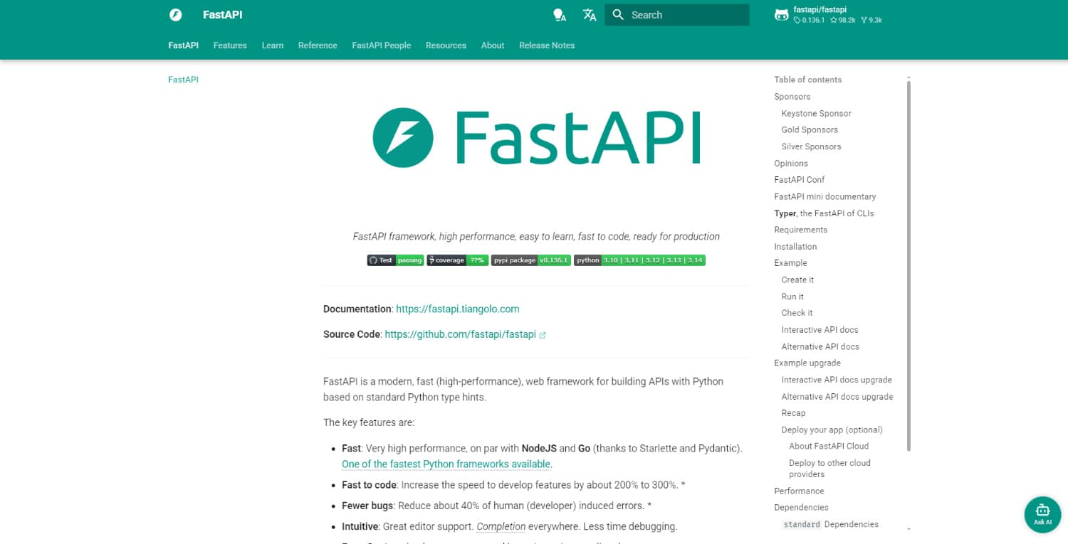 Screenshot von FastAPI - als Beispiel für eine Hidden-Champion-Website