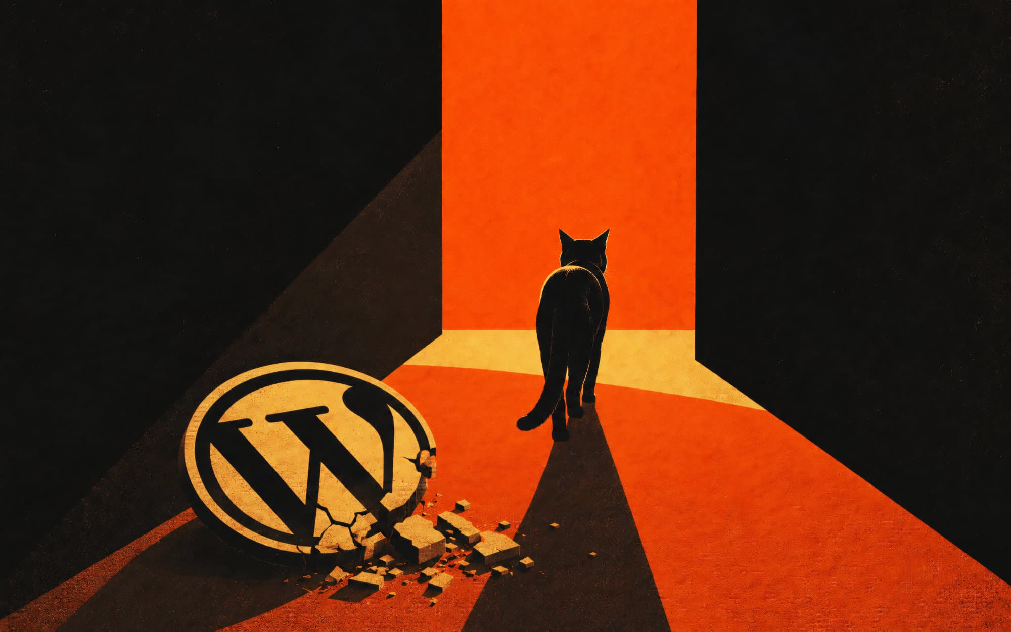 Schwarze Katze geht auf einen hellen Ausgang zu und lässt ein zerbrochenes WordPress-Logo hinter sich als Symbol für den Abschied von WordPress.