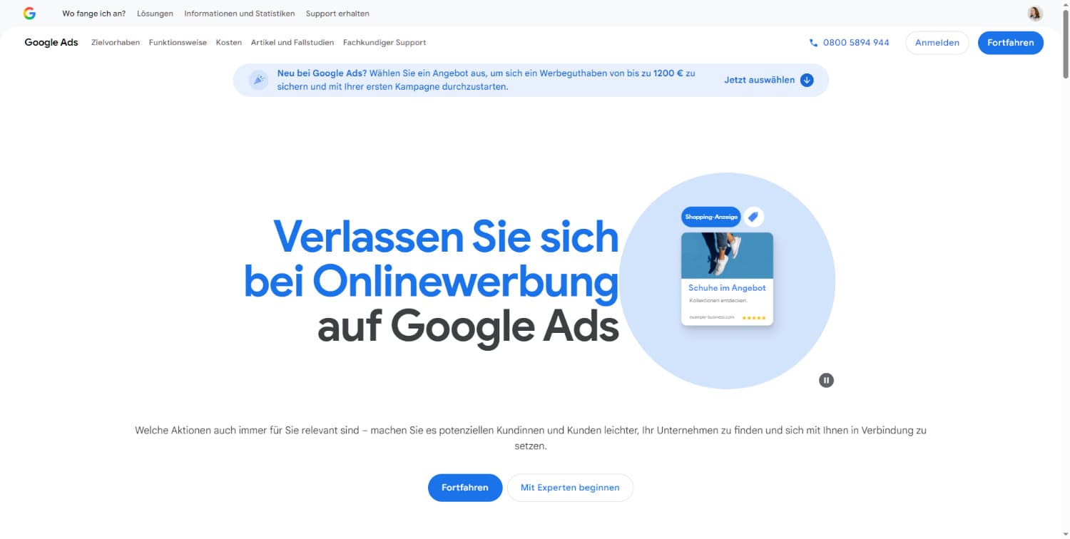 Website Ankündigen über Google Ads - angedeutet durch einen Screenshot von Google Ads