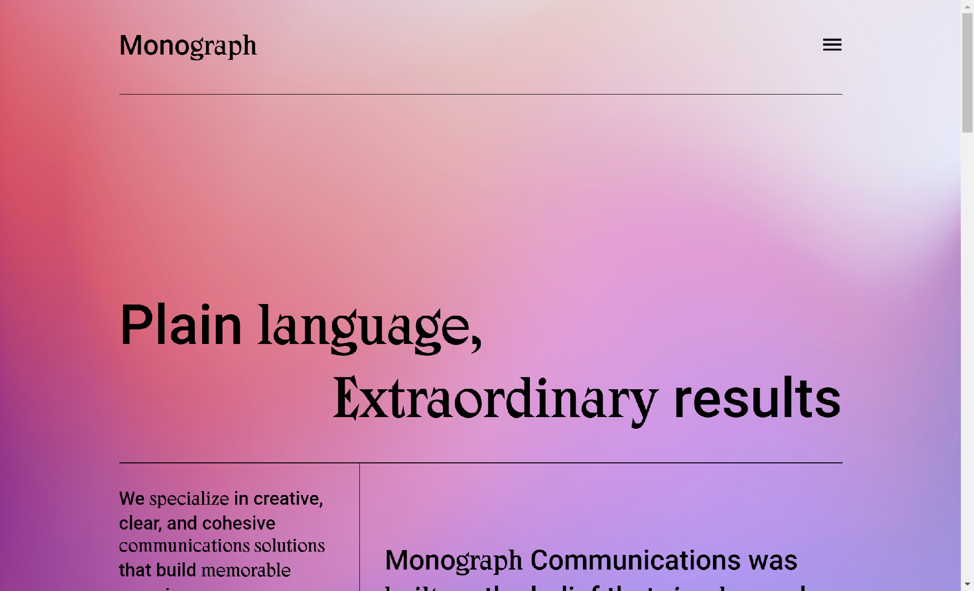 www.monographcomms.ca Screenshot. Website aus reinem Text. Keine Bilder.