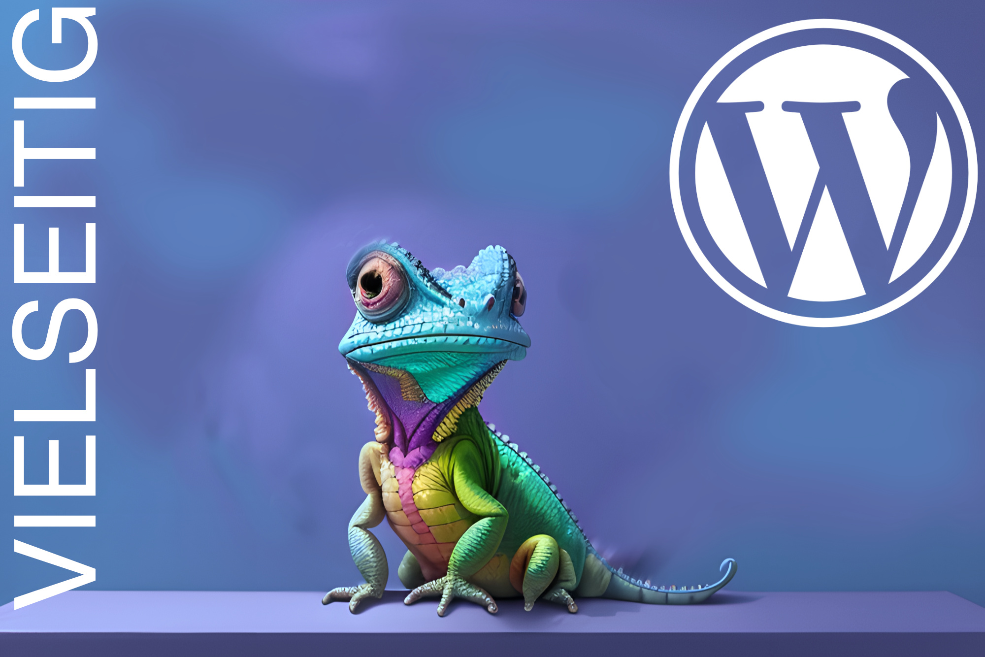 Ein illustriertes Chameleon sitzt vor einem WordPress Logo
