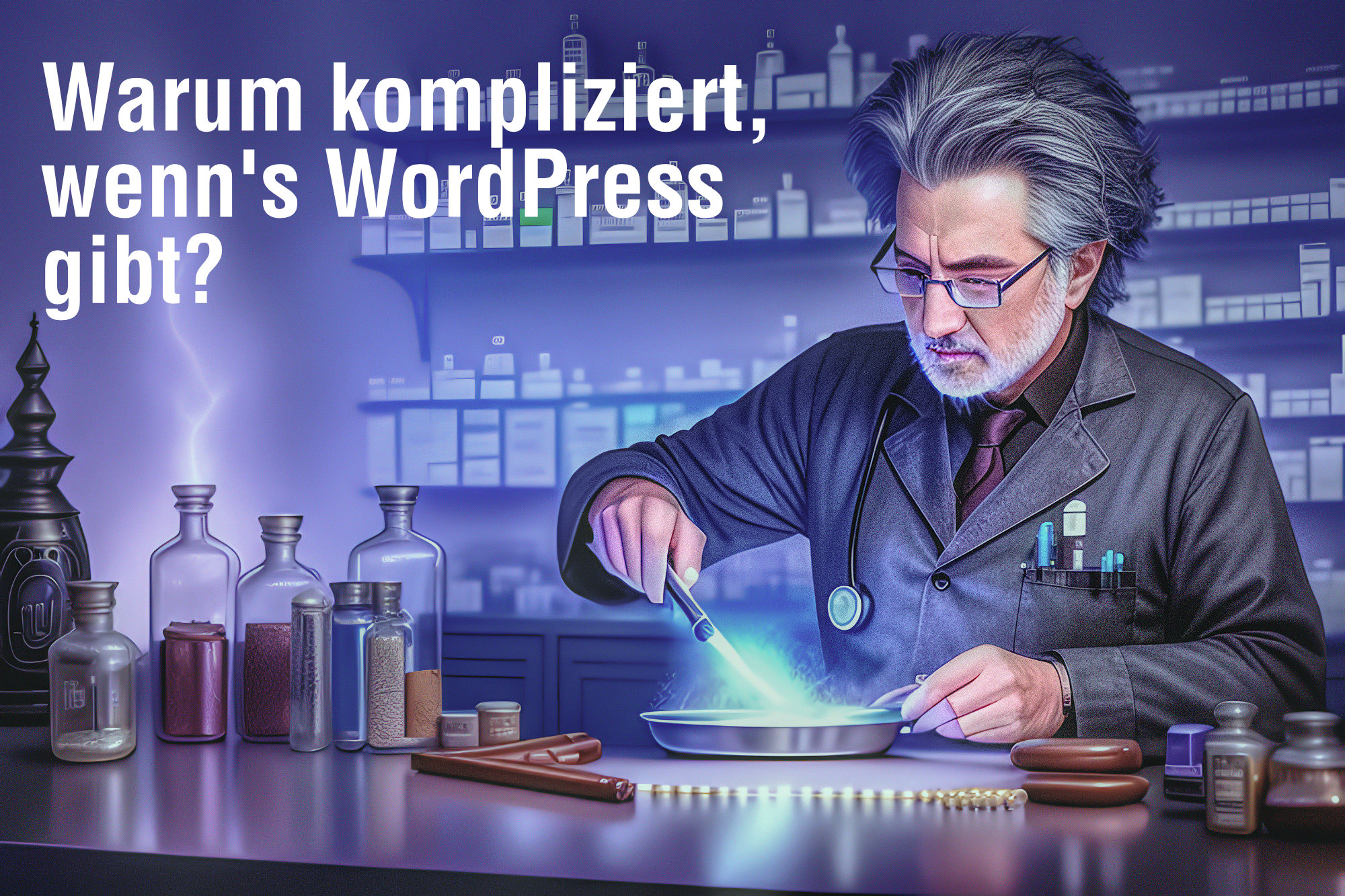 Alchemist in Apotheke mit Bildschrift: Warum kompliziert, wenn's WordPress gibt?